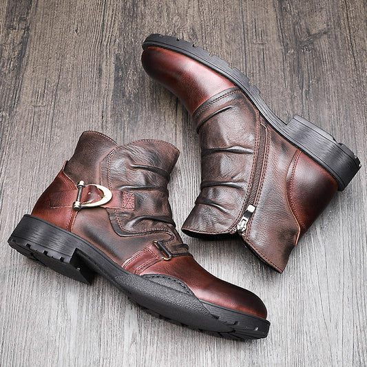 Trendy Buckle Belt Boots Men Full Grain Leather