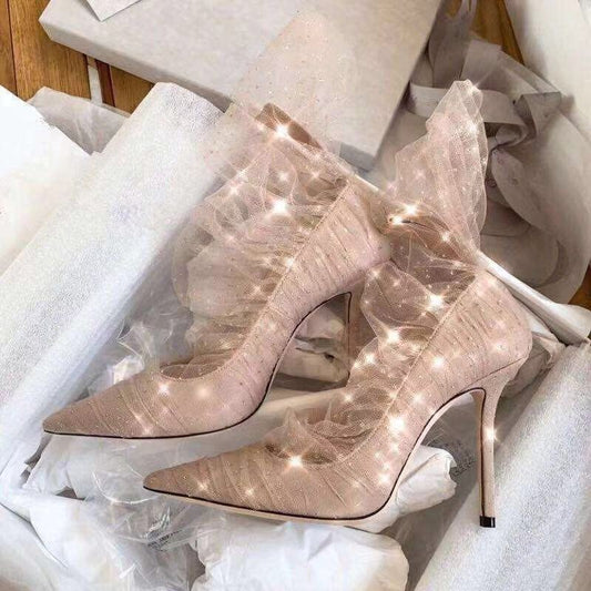 Pink Gold Glitter Tulle Women Elegant Wedding Heels Bride Shoes