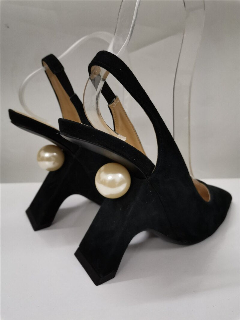 Suede Lady Pumps Shoes Pearl Decor Party Shoe