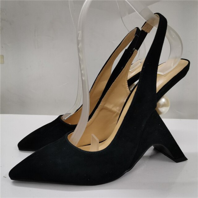 Suede Lady Pumps Shoes Pearl Decor Party Shoe