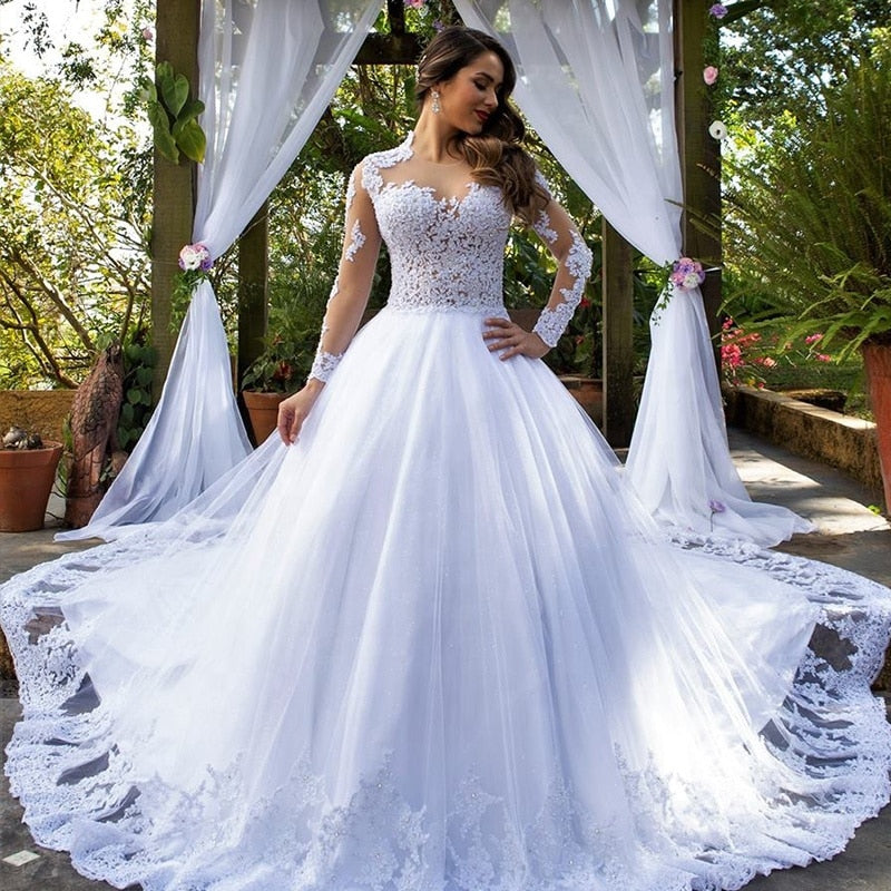 Sheer Jewel Princess Ball Gown Wedding Dress