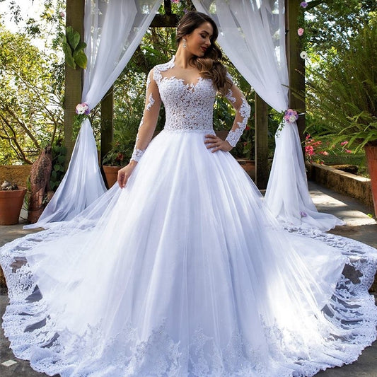 Sheer Jewel Princess Ball Gown Wedding Dress