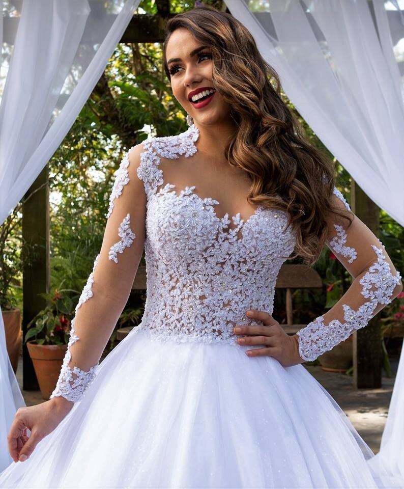 Sheer Jewel Princess Ball Gown Wedding Dress