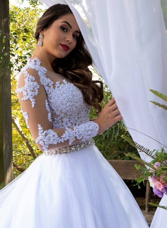 Sheer Jewel Princess Ball Gown Wedding Dress