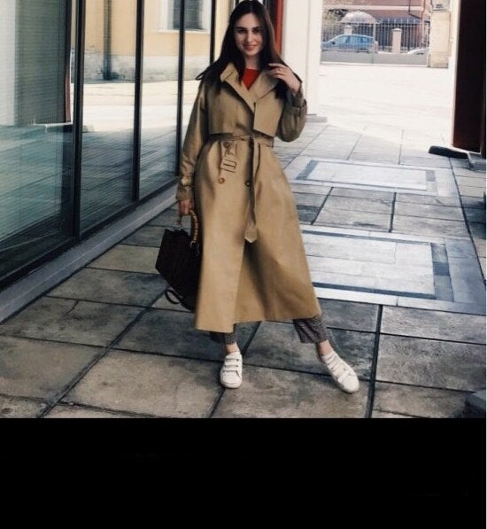 Classic Long Trench Coat With Belt Chic Female Windbreaker