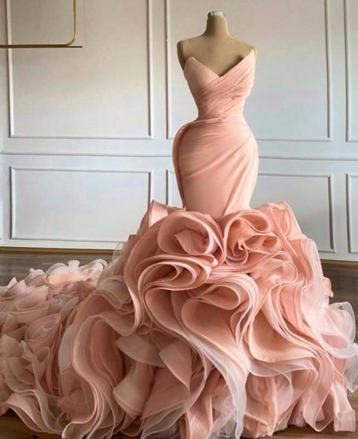 Luxury Pink Wedding Dresses V Neck Tiered Skirt Ruffles Mermaid