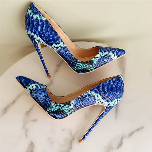 Sexy Blue Printed Leather Stiletto Heels Dress Shoes