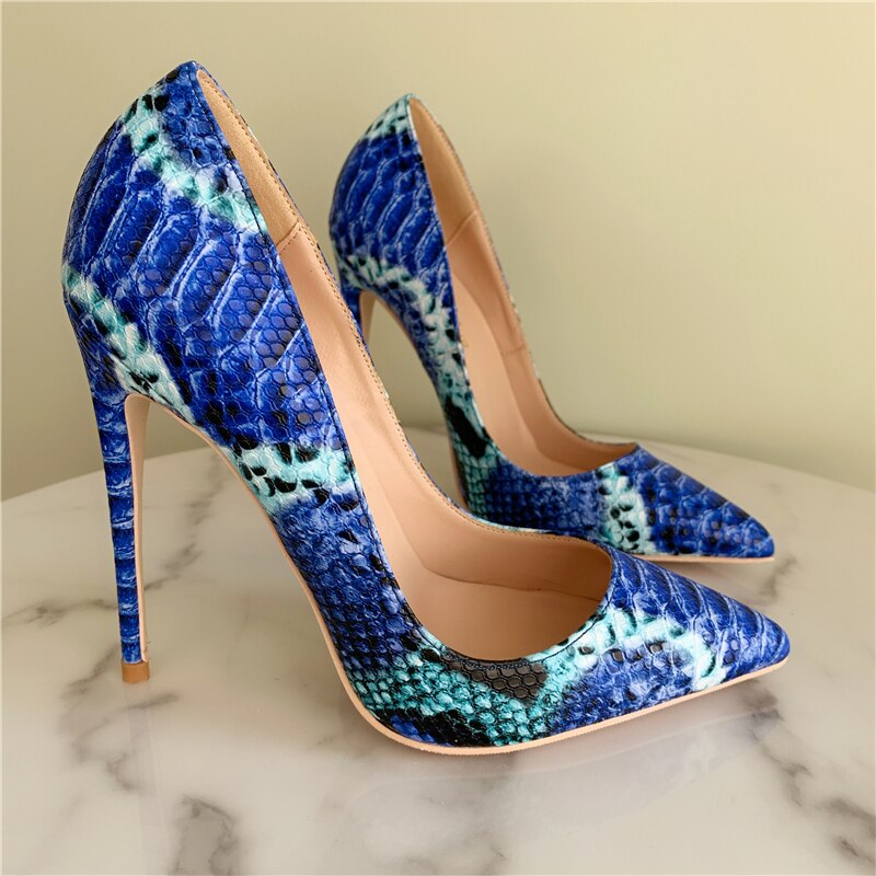 Sexy Blue Printed Leather Stiletto Heels Dress Shoes