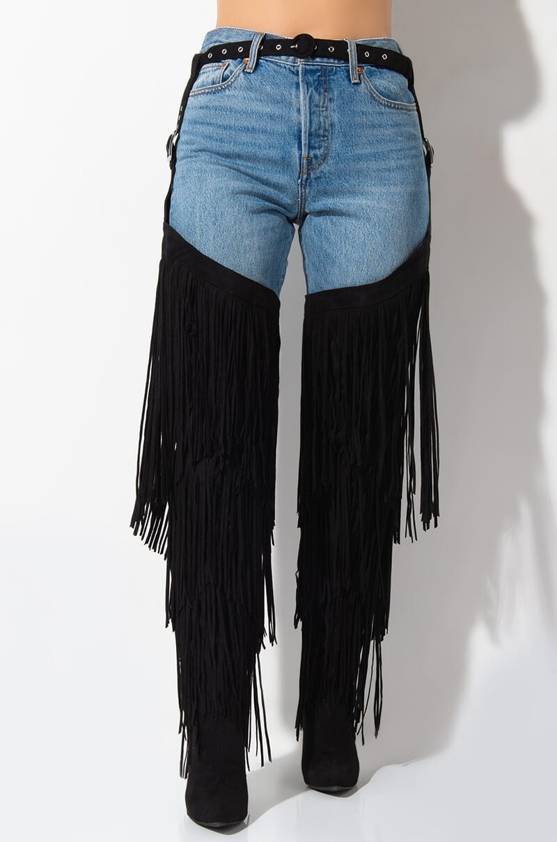 Fringe Belted Chaps Over Knee Boots Women