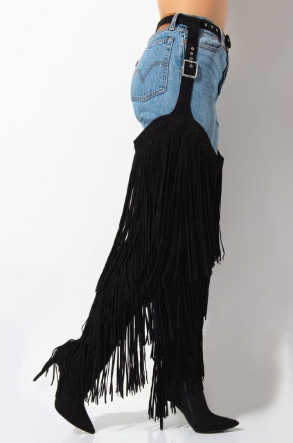 Fringe Belted Chaps Over Knee Boots Women