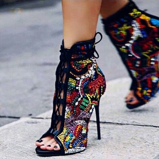 Multicolor Crystal High Heel Ankle Boots