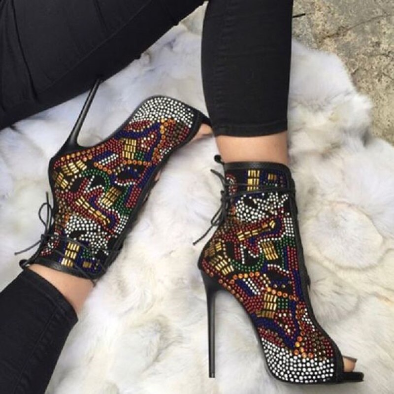 Multicolor Crystal High Heel Ankle Boots