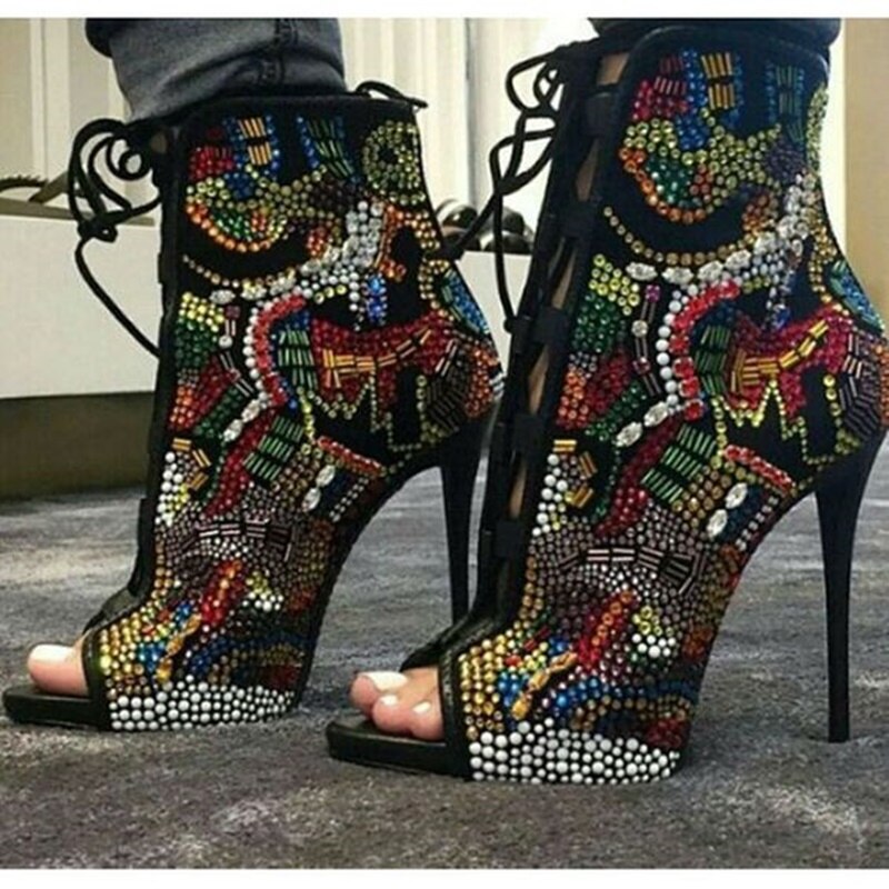 Multicolor Crystal High Heel Ankle Boots