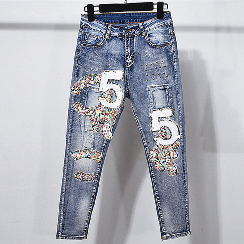 Women Digital Stretch Slim Boyfriend Jeans