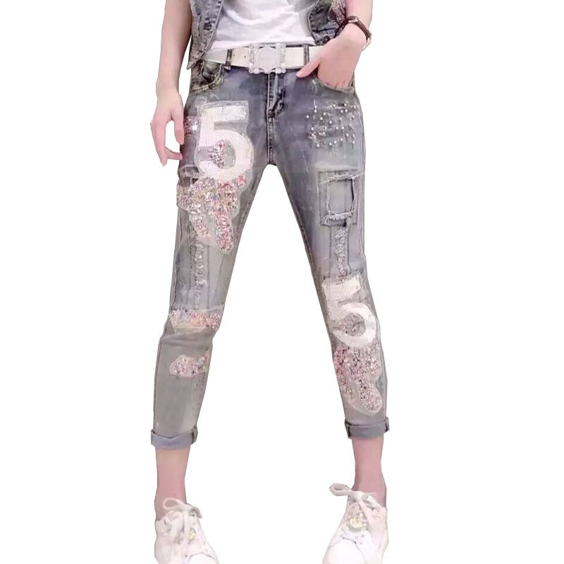 Women Digital Stretch Slim Boyfriend Jeans