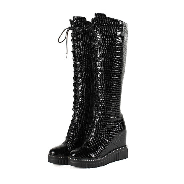 genuine leather knee high boots wedge