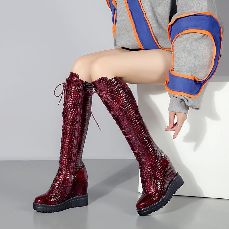 genuine leather knee high boots wedge