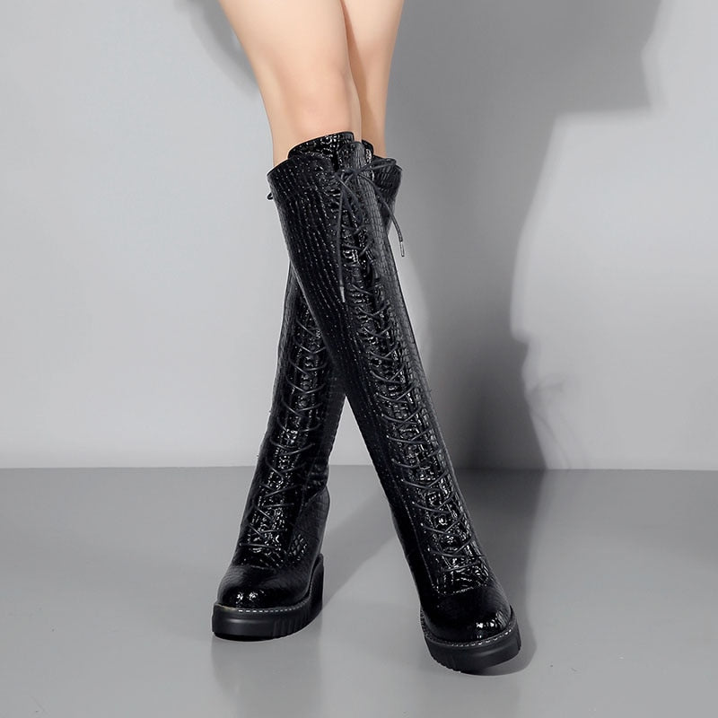 genuine leather knee high boots wedge