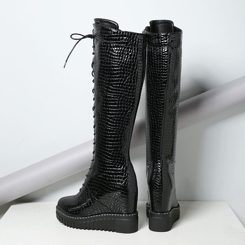 genuine leather knee high boots wedge