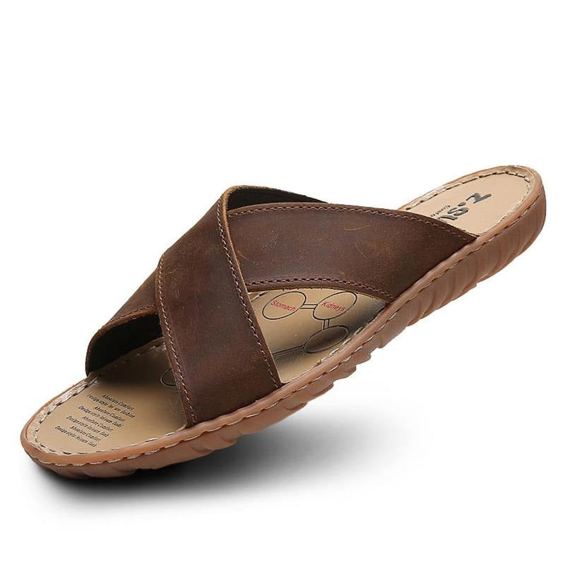 Men Leather Slippers Palm Cross Slides