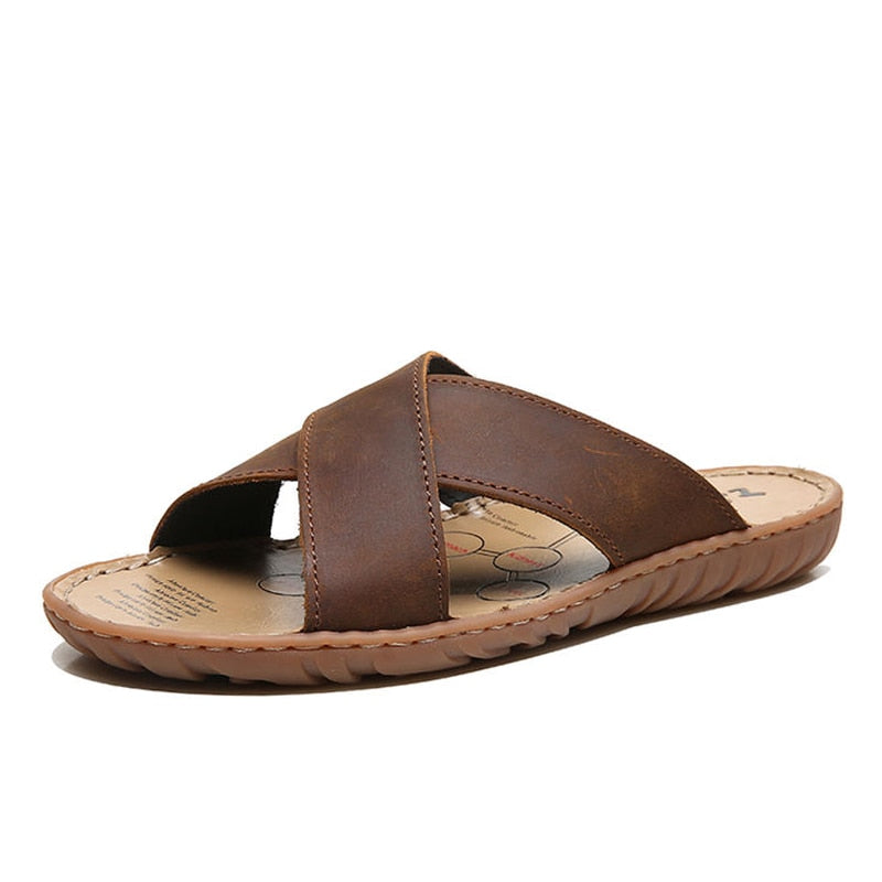 Men Leather Slippers Palm Cross Slides