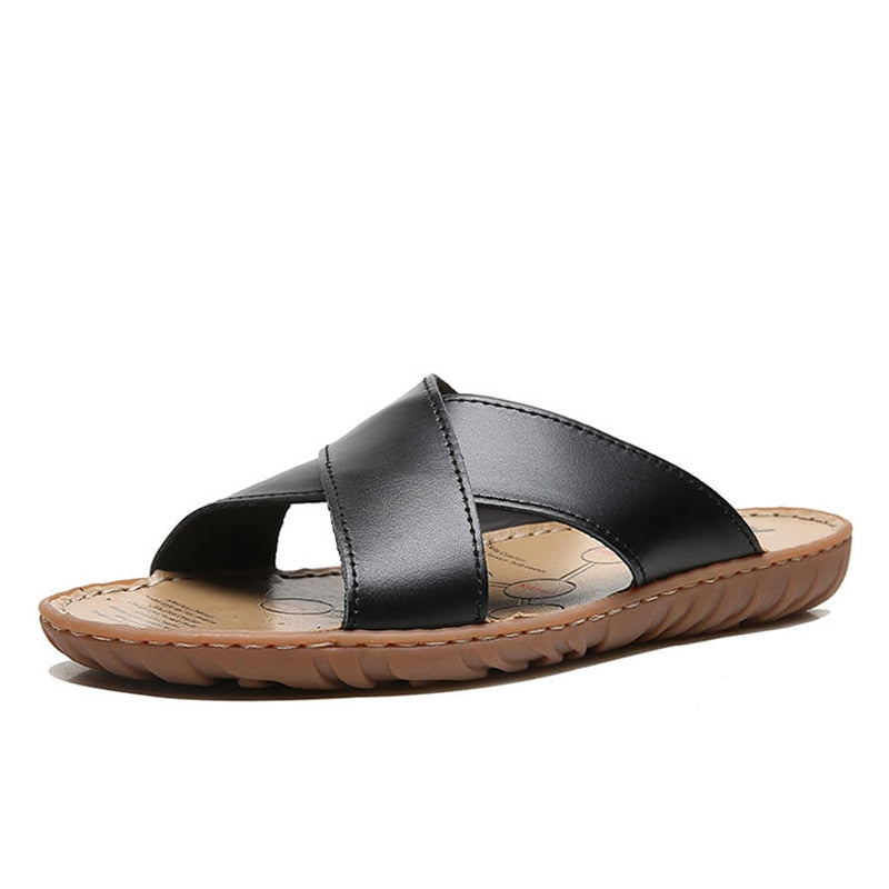 Men Leather Slippers Palm Cross Slides