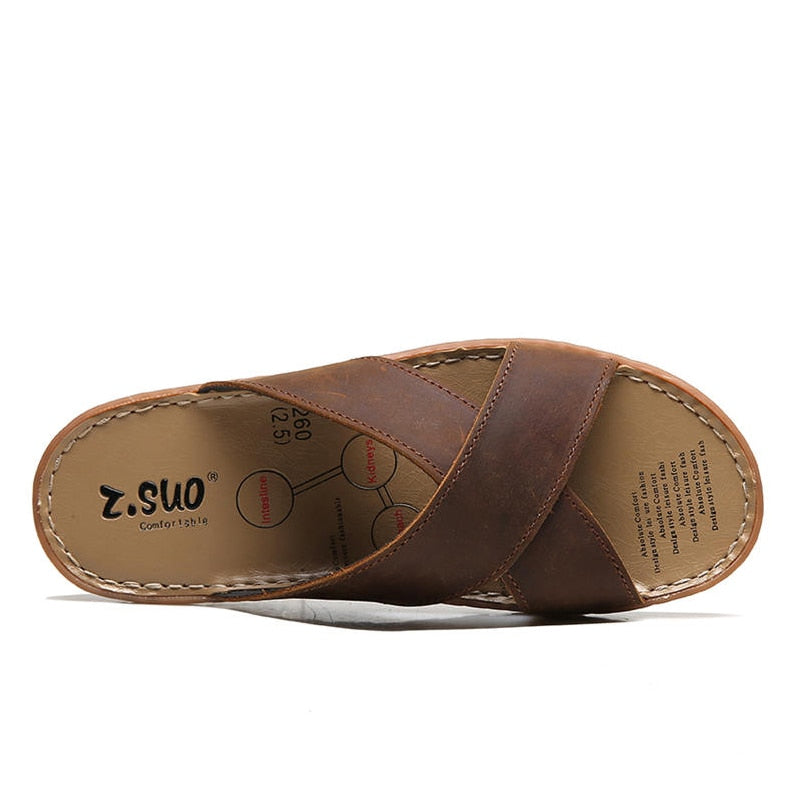 Men Leather Slippers Palm Cross Slides