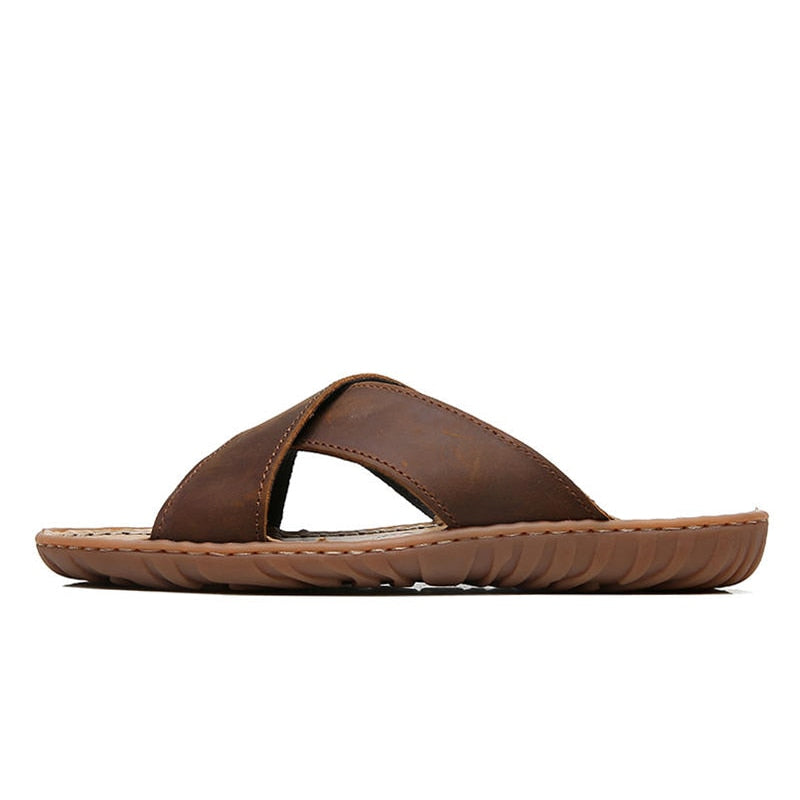 Men Leather Slippers Palm Cross Slides