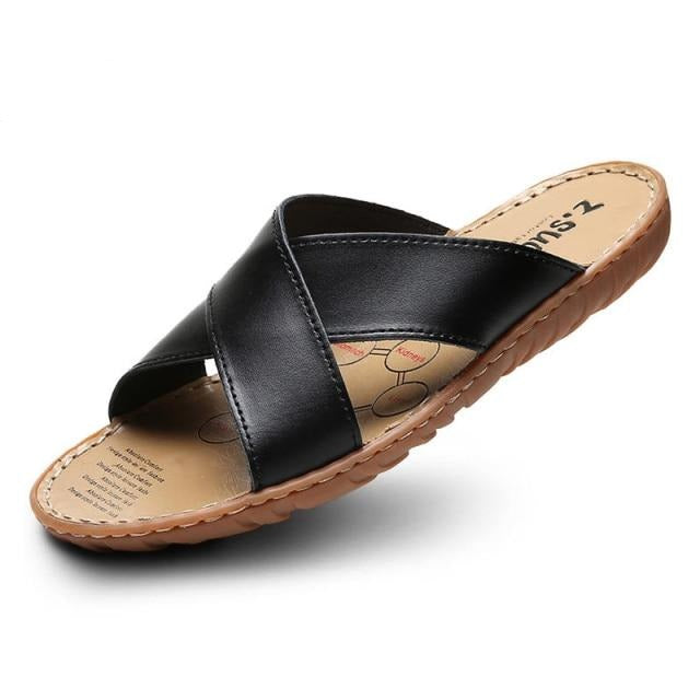 Men Leather Slippers Palm Cross Slides