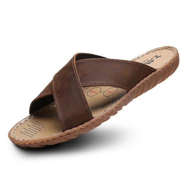 Men Leather Slippers Palm Cross Slides