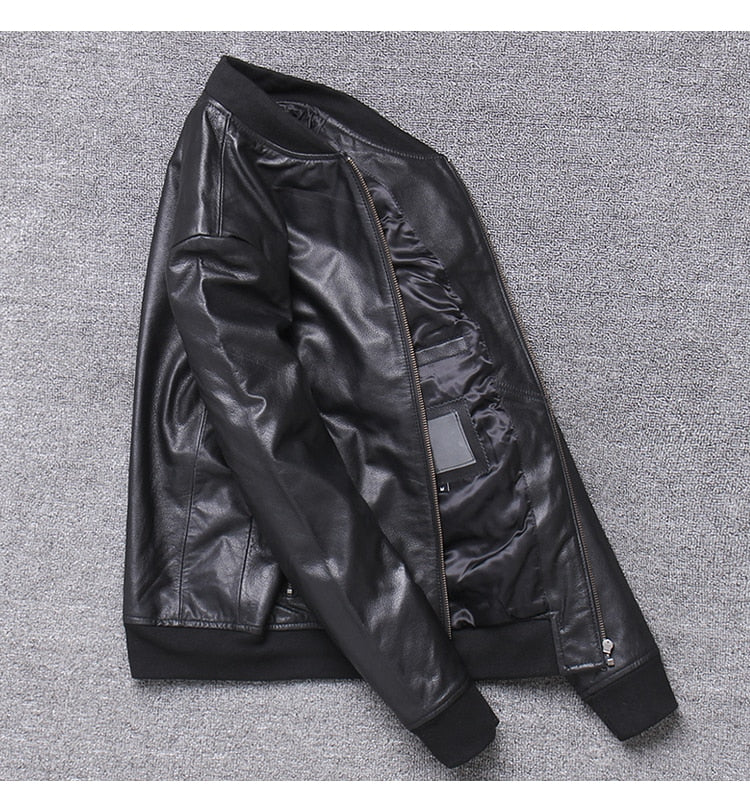 Mens Slim Genuine Leather Jacket Baseball Coat