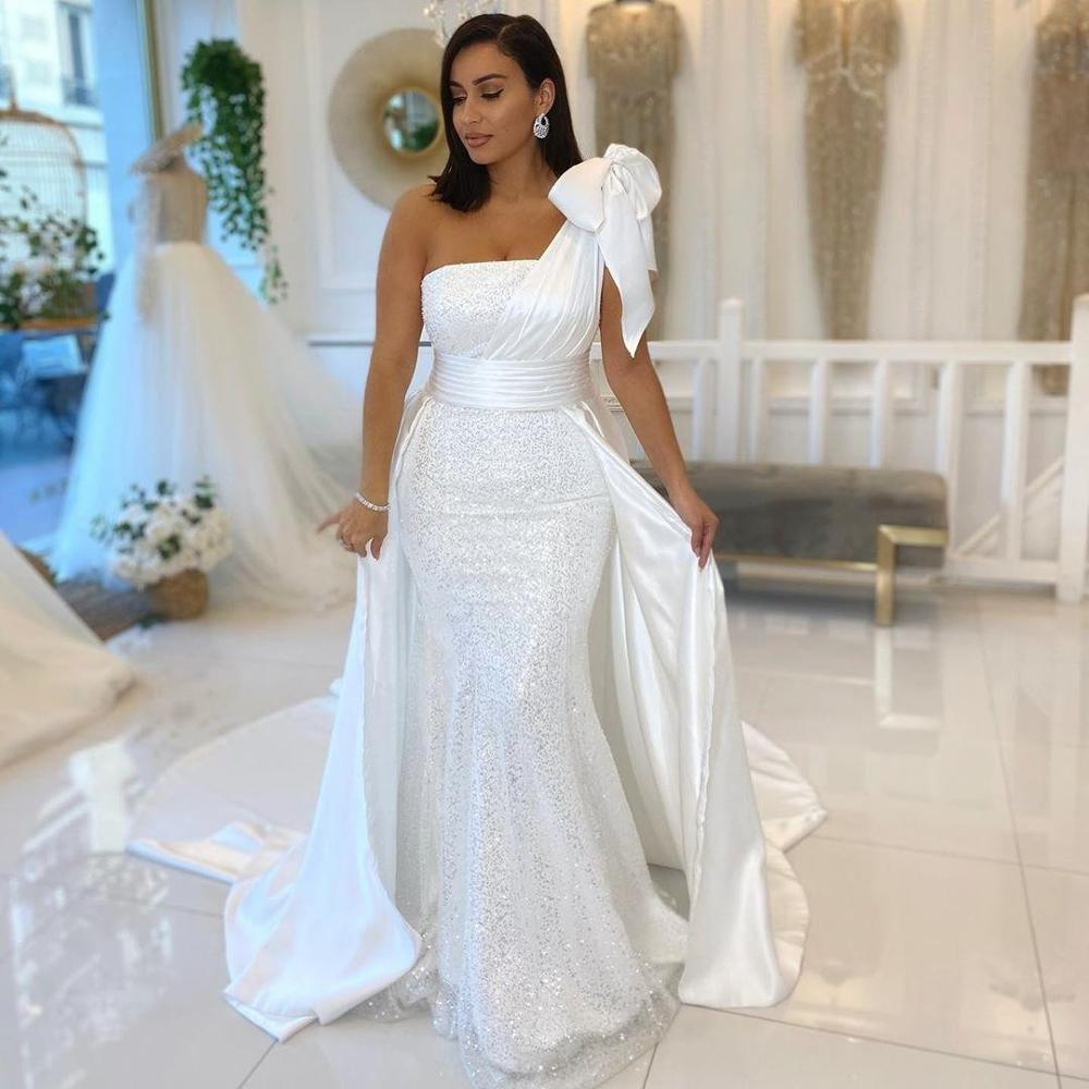 Wedding Dresses With Bow Satin And Sequined Overskirt