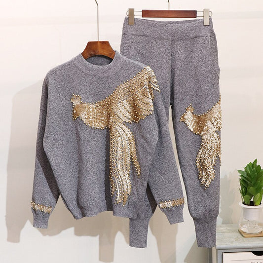 Women Knit Jumper Wool Sweater Long Two Piece Set