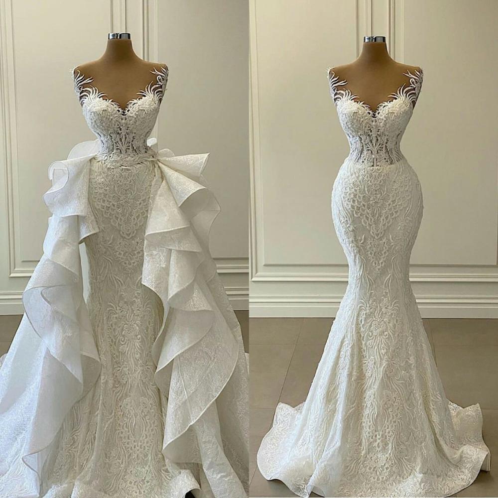 Mermaid Wedding Dresses with Detachable Train Ruffles Lace