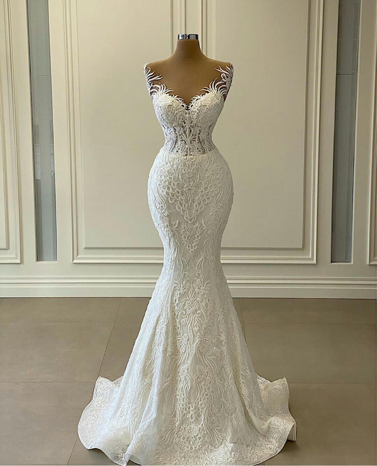 Mermaid Wedding Dresses with Detachable Train Ruffles Lace