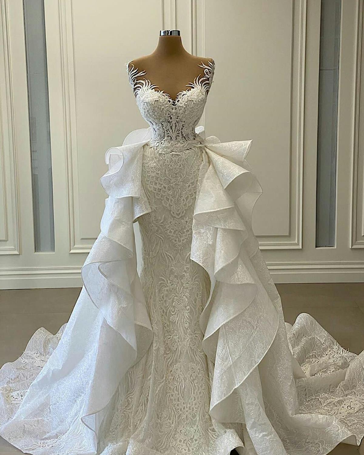 Mermaid Wedding Dresses with Detachable Train Ruffles Lace