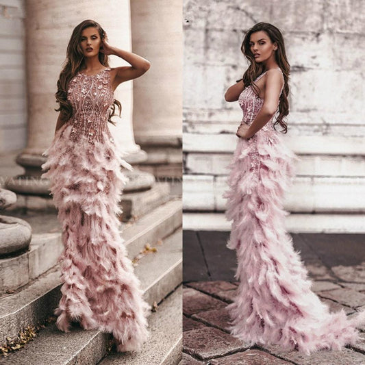 Arabic Pink 3D Floral Mermaid Feathers Prom Dresses