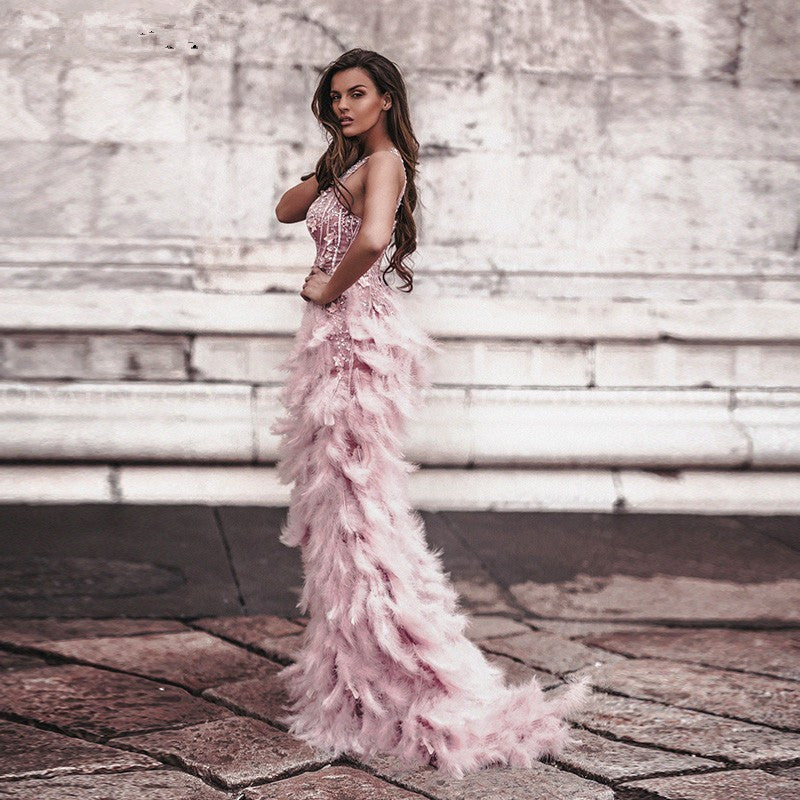 Arabic Pink 3D Floral Mermaid Feathers Prom Dresses