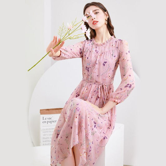 Women Chiffon Floral Print Dresses Half Sleeve