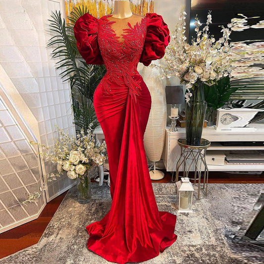 Puffy Sleeves Red Mermaid Evening Dresses