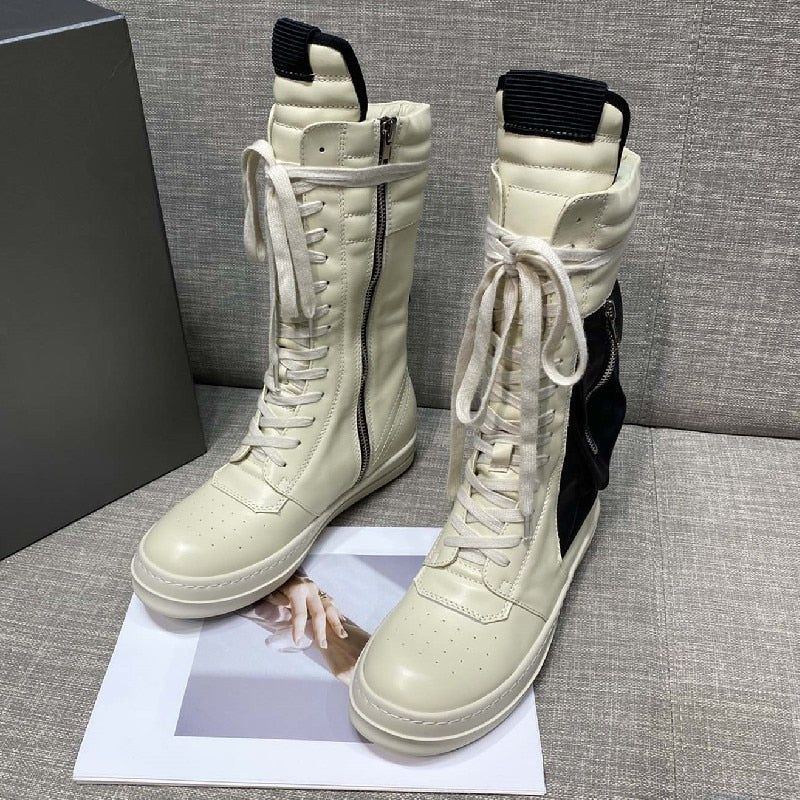 Women Motorcycle Leather Boots Luxury Mid-Calf