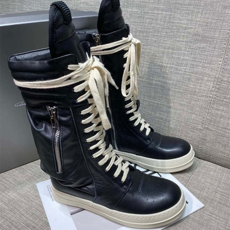 Women Motorcycle Leather Boots Luxury Mid-Calf