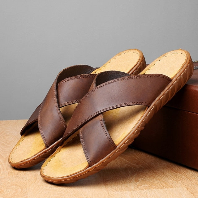 Men Leather Slippers Palm Cross Slides