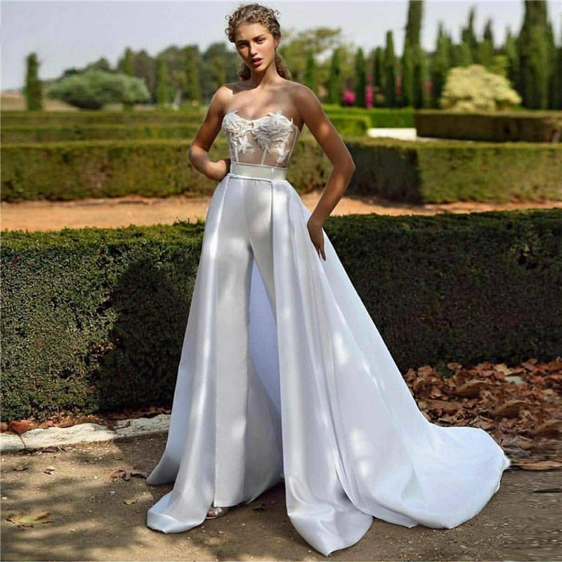 Sweetheart Jumpsuit Wedding Dresses With Detachable Train