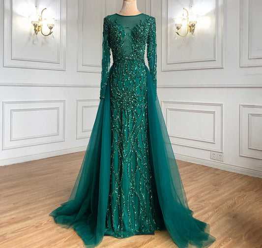 Muslim Green With Train Evening Dresses Gowns