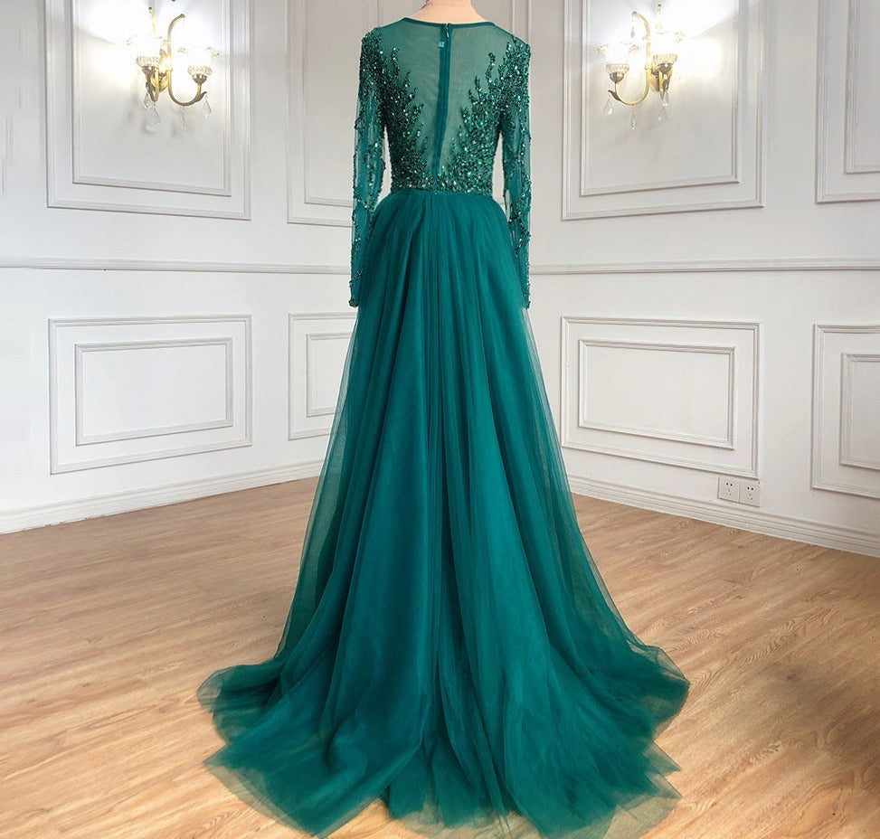 Muslim Green With Train Evening Dresses Gowns