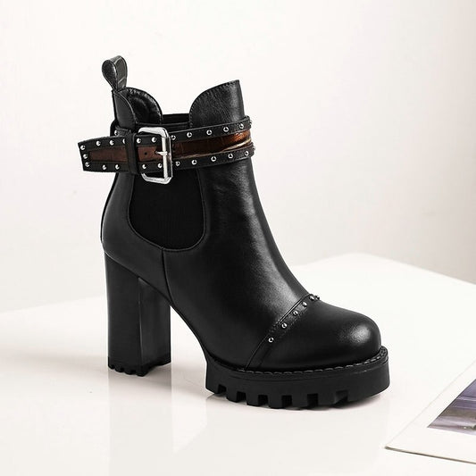 Genuine Leather Ankle Boots Round Toe Women