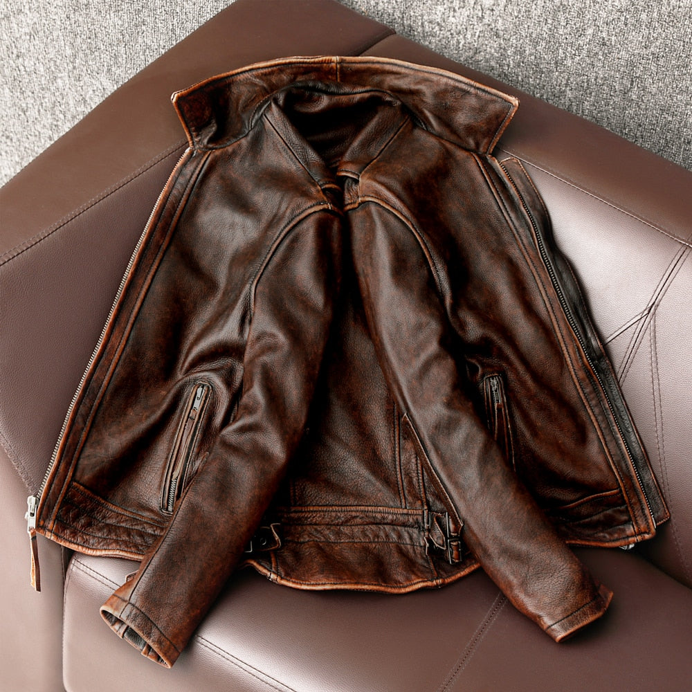 Men Genuine Leather Jacket Vintage Coat