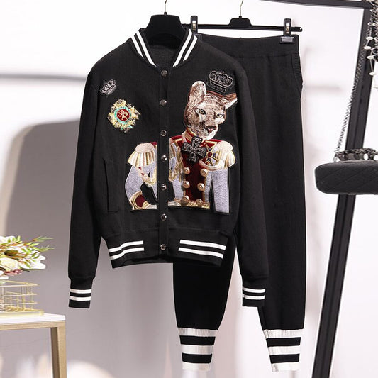 Knitted Pants Set Retro Embroidered Sweater