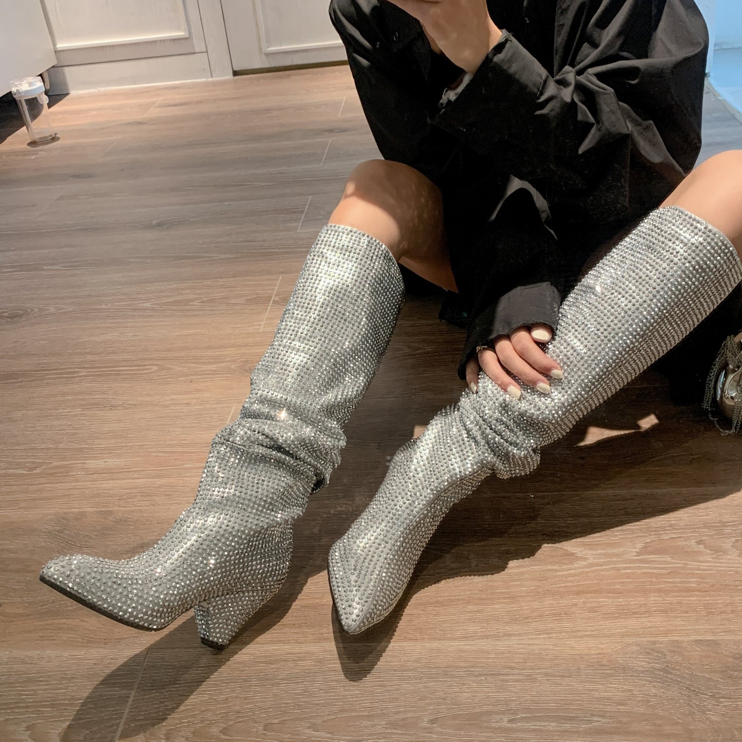 Women's Knee High Boots silver Pleated crystal